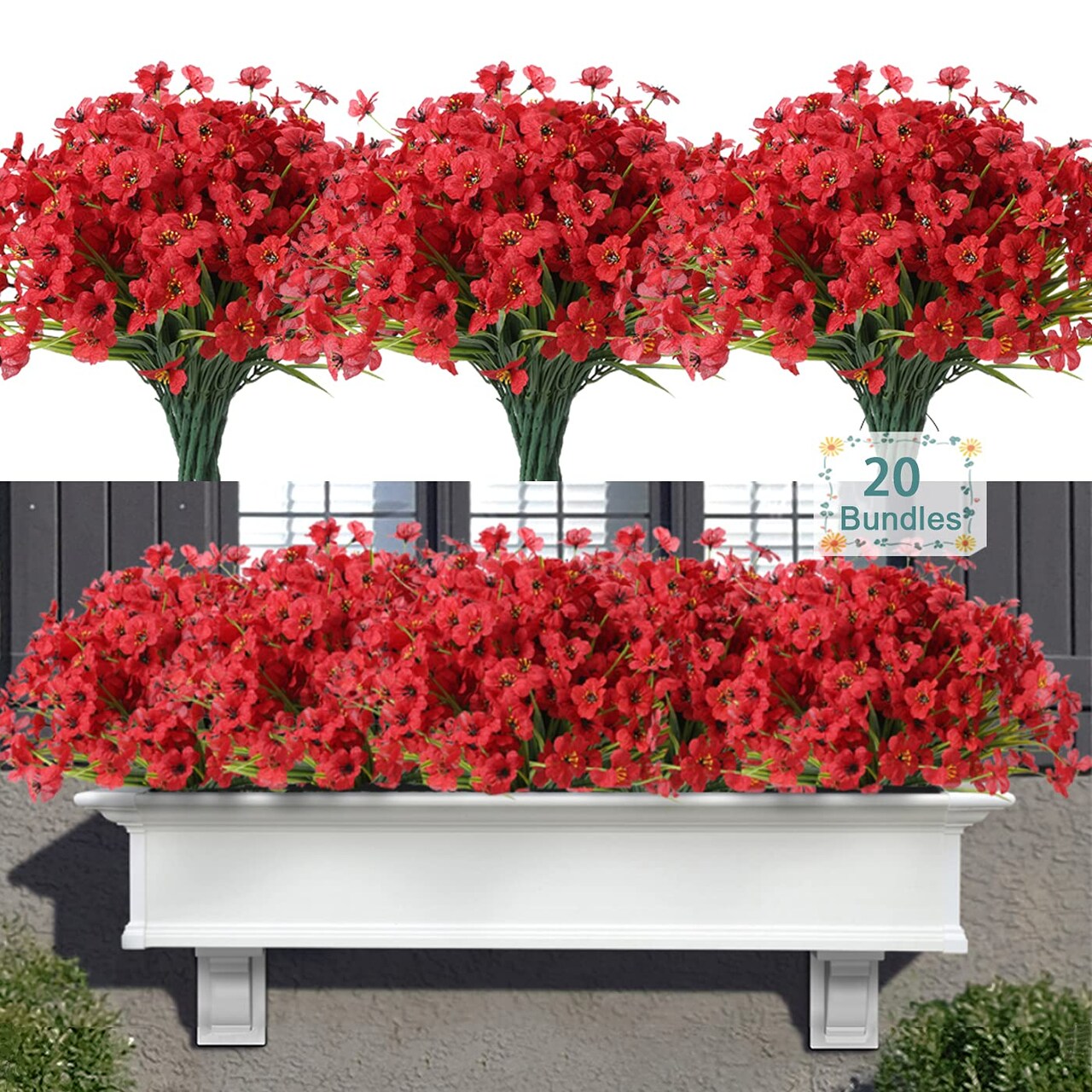 20 Bundles Artificial Flowers for Outdoors, UV Resistant Fake Flowers with Plastic Plants, Faux Silk Flowers for Planter outdoors, Fake realistic flowers For Window Box Front Porch Patio Decor-Red
